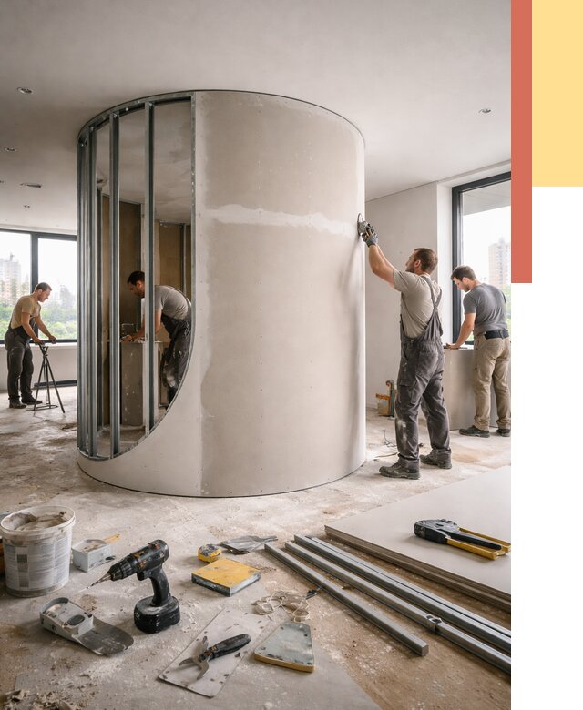 Радиусная перегородка из гипсокартона в Сергиевом Посаде от 2968 руб. под ключ | ОТДЕЛОЧНИК-Сгп