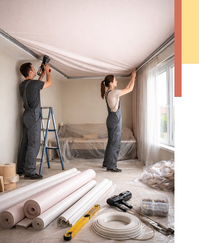 Монтаж цветного натяжного потолка в Сергиевом Посаде от 4298 руб/м² — быстро и недорого | ОТДЕЛОЧНИК-Сгп