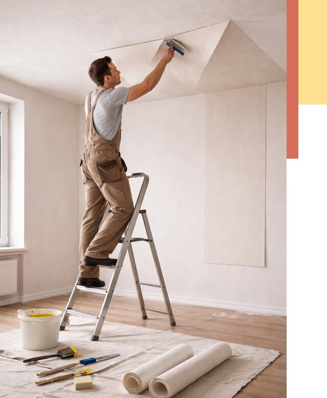 Поклейка обоев на потолок в Сергиевом Посаде от 4605 руб. быстро и недорого | ОТДЕЛОЧНИК-Сгп